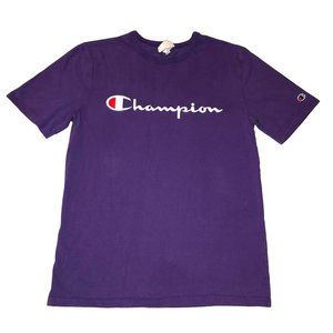 PURPLE 80s CHAMPION T SHIRT SZ M VINTAGE SHORT SLEEVE LOGO SPELLOUT COTTON MENS